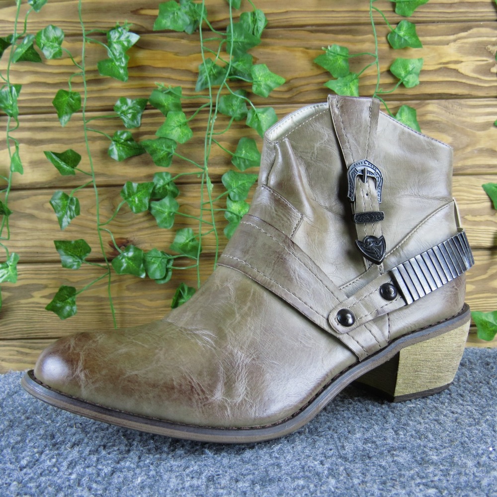 Vintage 93‎ Bentley Women's 8 Taupe Faux Leather Western Boots Buckle Strap Zip